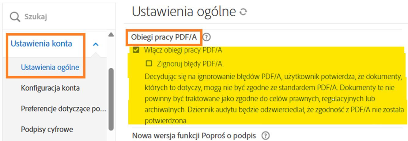 Strona Ustawienia globalne z wyróżnionymi elementami sterującymi obiegami pracy PDF/A.