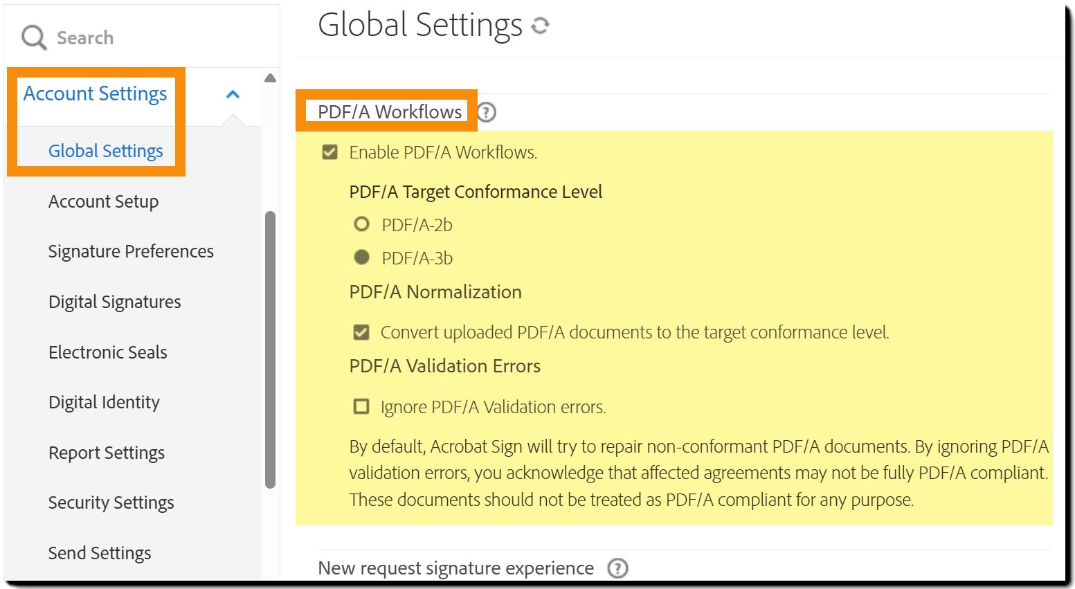 Sidan Globala inställningar som visar kontrollerna för PDF/A-arbetsflöden.