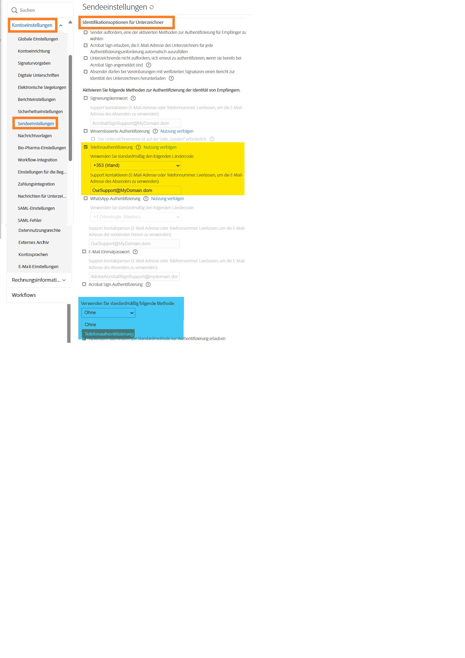 Admin-Menü „Sendeeinstellungen“, in dem die Optionen für „Telefonauthentifizierung“ hervorgehoben sind.