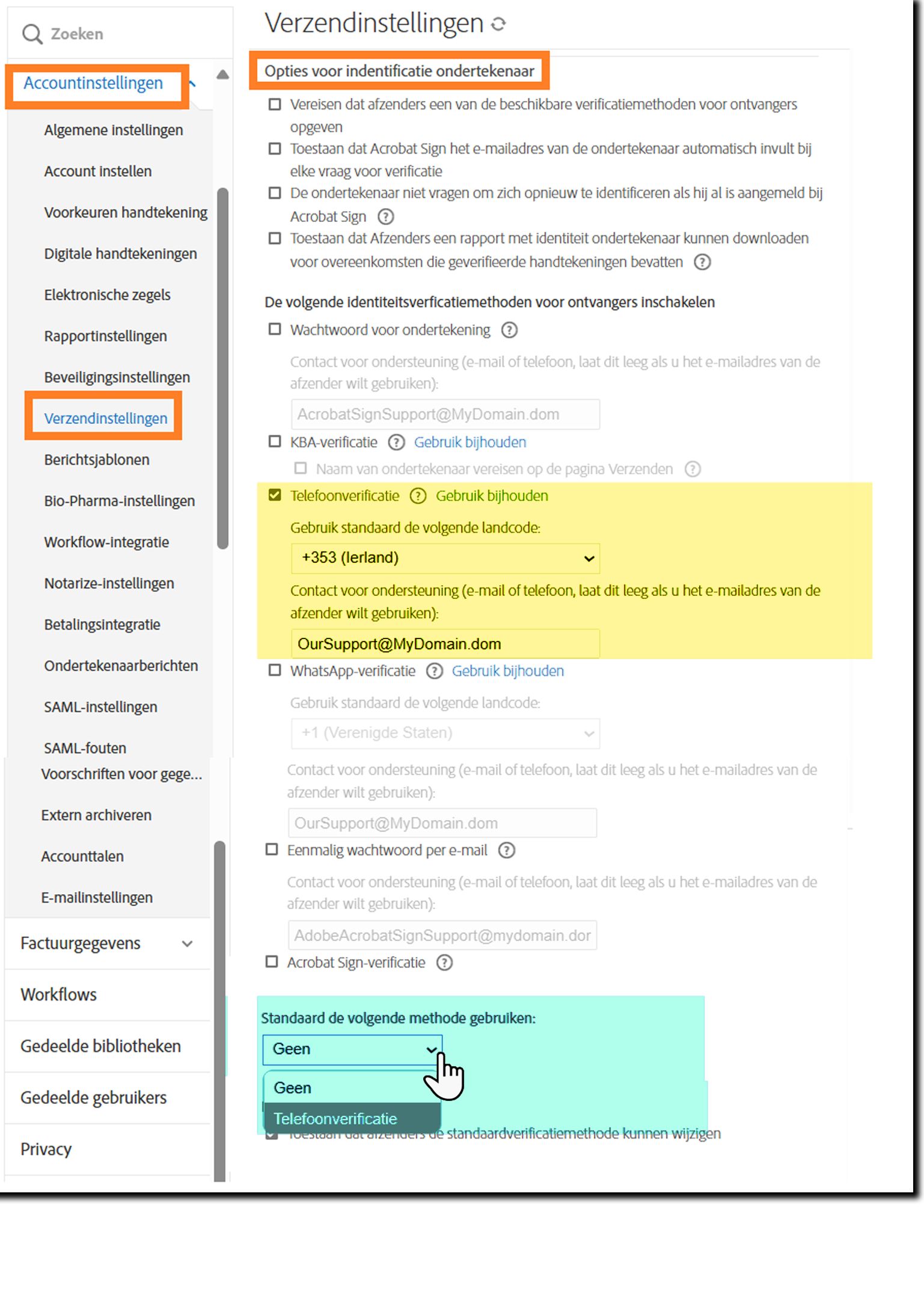 Het beheermenu Verzendinstellingen met de besturingselementen voor telefonische verificatie gemarkeerd.