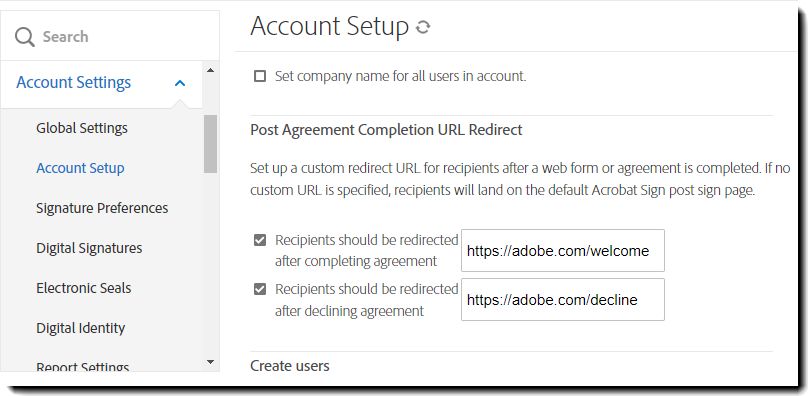 Commandes de Redirection de l’URL après l’achèvement de l’accord sur la page Configuration du compte