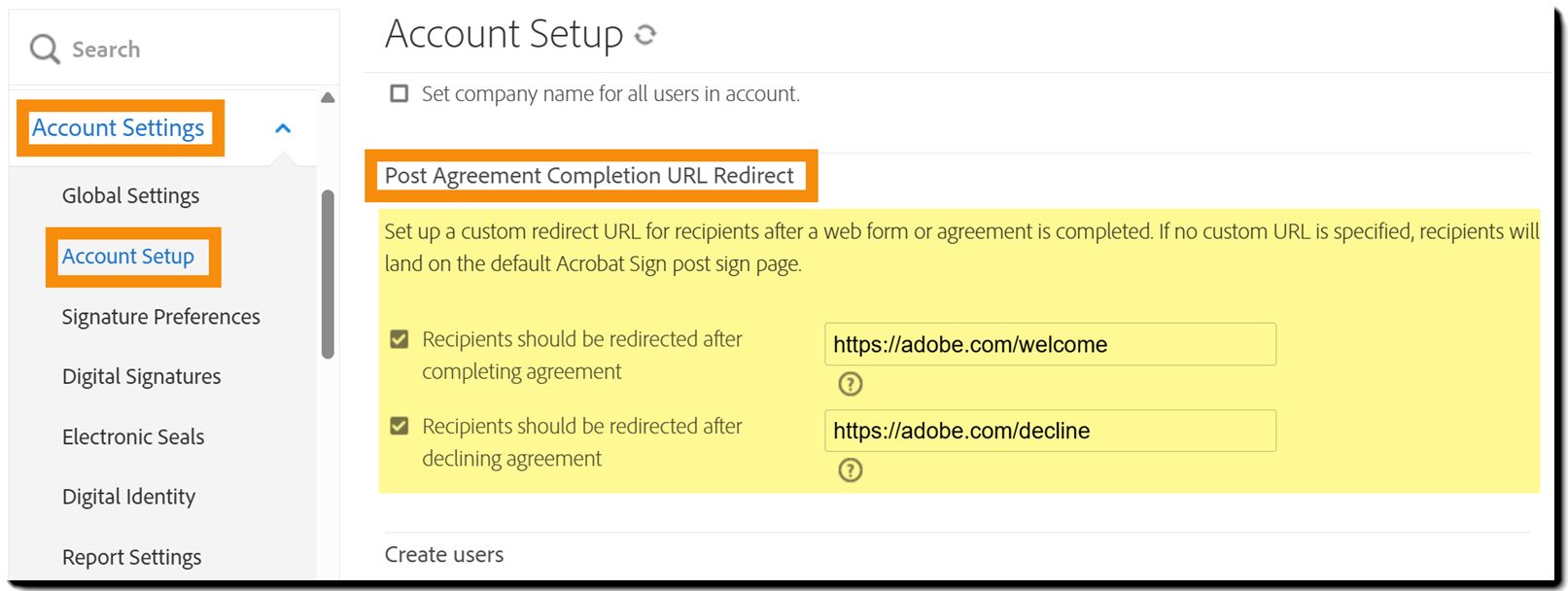 Post Agreement Completion URL Redirect controls on the Account Setup page