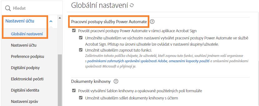 Stránka správy Globální nastavení zvýrazňující ovládací prvky pracovních postupů Power Automate.