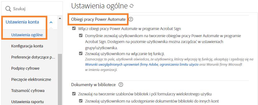 Strona administratora ustawień globalnych z wyróżnionymi kontrolkami obiegów pracy Power Automate.