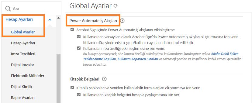 Power Automate İş Akışları kontrollerini vurgulayan Global Ayarlar yönetici sayfası.