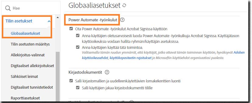 Järjestelmänvalvojan Yleiset asetukset -sivulla näkyvät Power Automate -työnkulkujen säätimet.