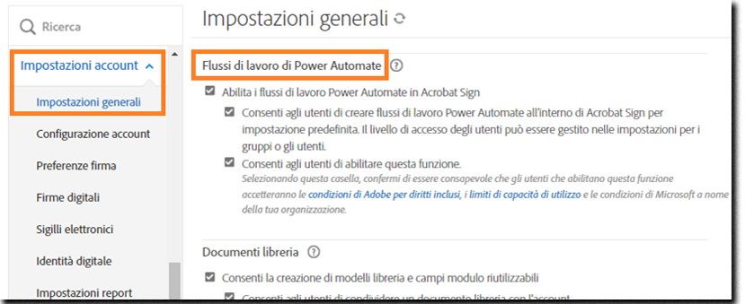 Pagina di amministrazione Impostazioni globali che evidenzia i controlli dei flussi di lavoro Power Automate.