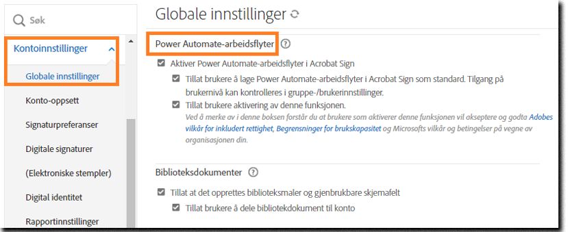 Administratorsiden for Globale innstillinger med Power Automate-arbeidsflytkontrollene uthevet.