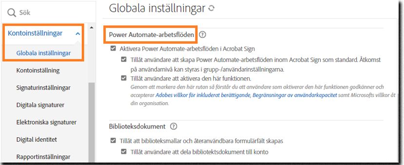 Administrationssidan Globala inställningar som visar kontrollerna för Power Automate-arbetsflöden.