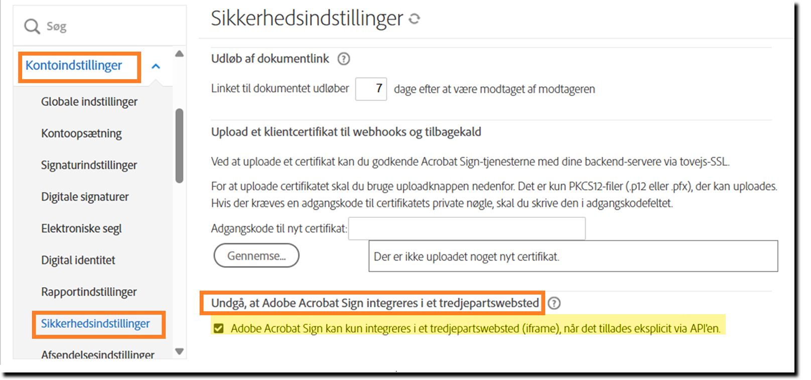 Administratorsiden for Sikkerhedsindstillinger, der fremhæver kontrolelementerne for &quot;Bloker Adobe Acrobat Sign fra at blive integreret på tredjepartswebsteder&quot;.