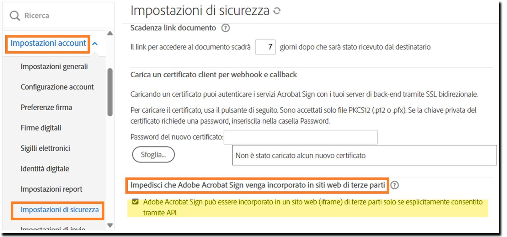 La pagina Impostazioni di sicurezza dell'amministratore che evidenzia i controlli &quot;Impedisci l'incorporamento di Adobe Acrobat Sign in siti web di terze parti&quot;.