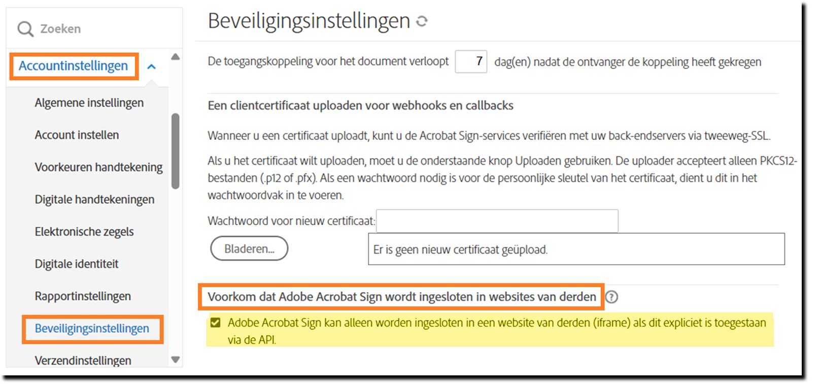 De pagina Beveiligingsinstellingen voor beheerders met de besturingselementen voor 'Voorkomen dat Adobe Acrobat Sign wordt ingesloten op websites van derden' gemarkeerd.