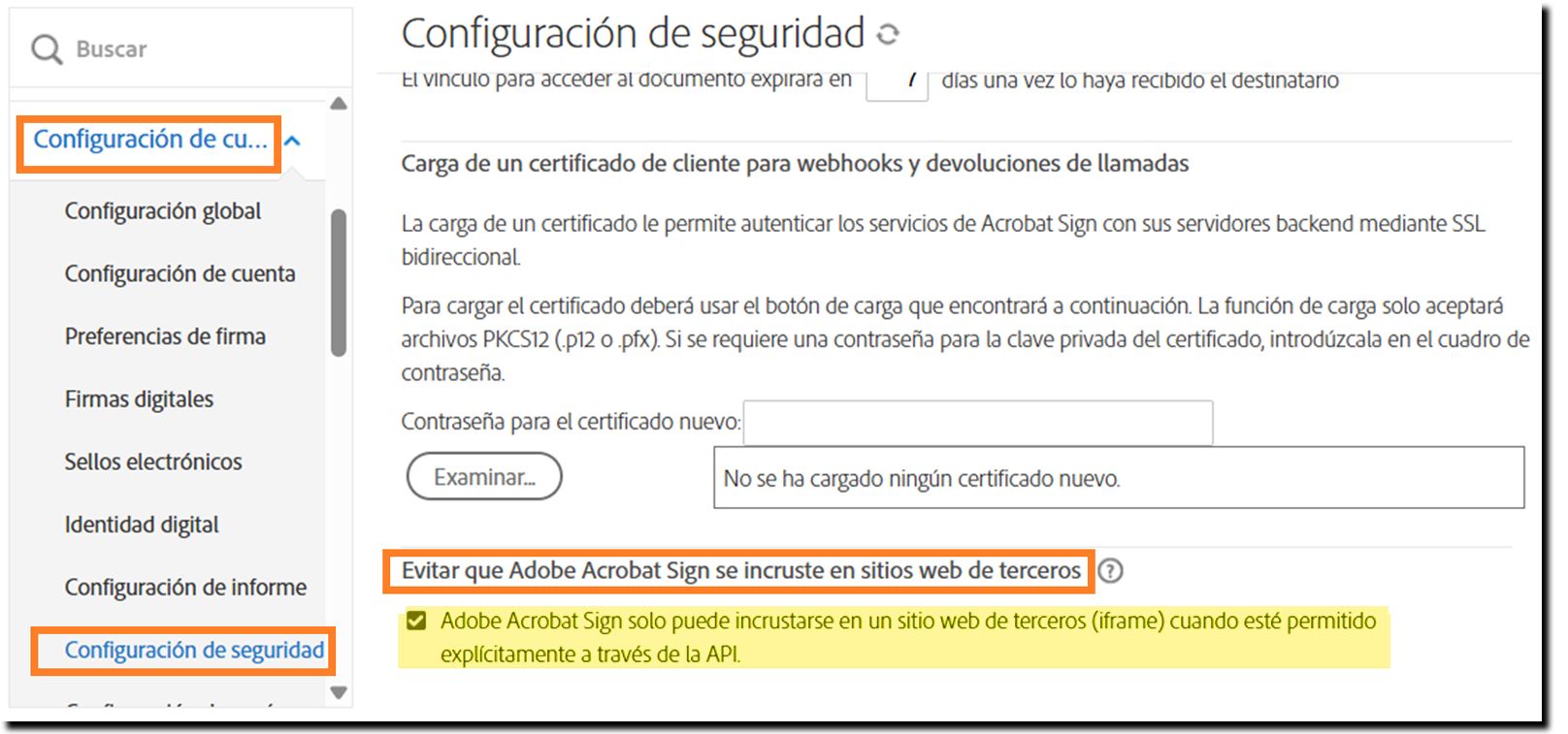Página Configuración de seguridad del administrador resaltando los controles de «Cómo evitar que Adobe Acrobat Sign se incruste en sitios web de terceros».