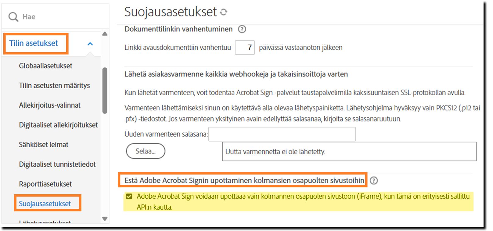 Suojausasetusten järjestelmänvalvojan sivu, jossa on korostettuna Estä Adobe Acrobat Signin upottaminen kolmannen osapuolen verkkosivustoille -ohjausobjekti.