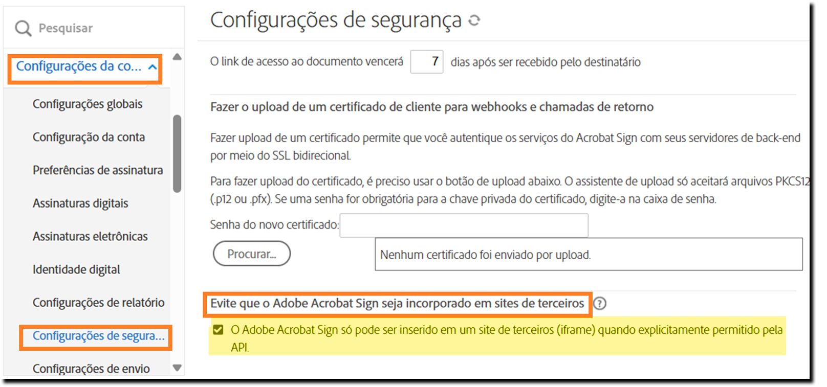 A página de Configurações de segurança do administrador destacando os controles &quot;Impedir que o Adobe Acrobat Sign seja incorporado em sites de terceiros&quot;.