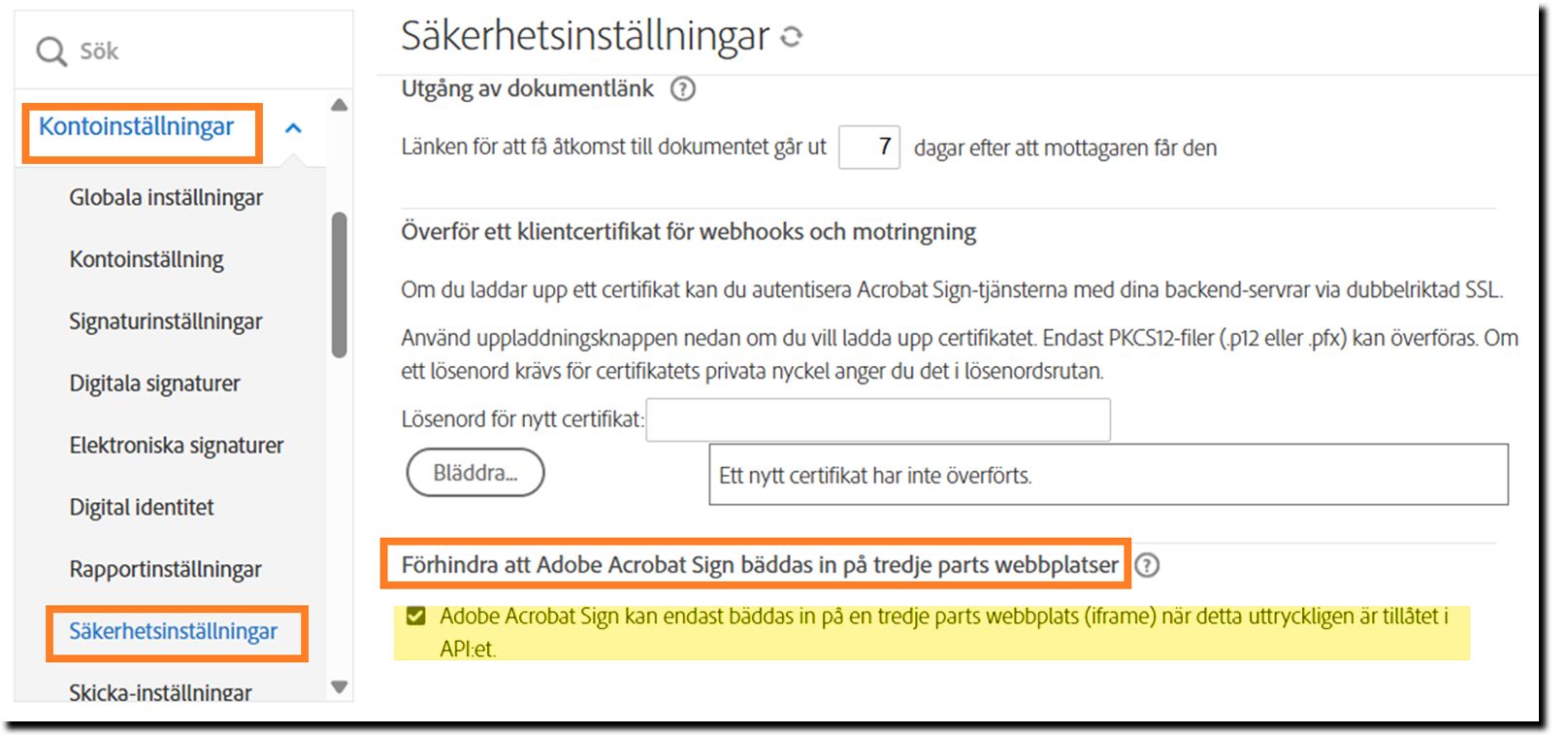 Administratörssidan för säkerhetsinställningar som markerar kontrollerna för &quot;Förhindra att Adobe Acrobat Sign bäddas in på tredjepartswebbplatser&quot;.