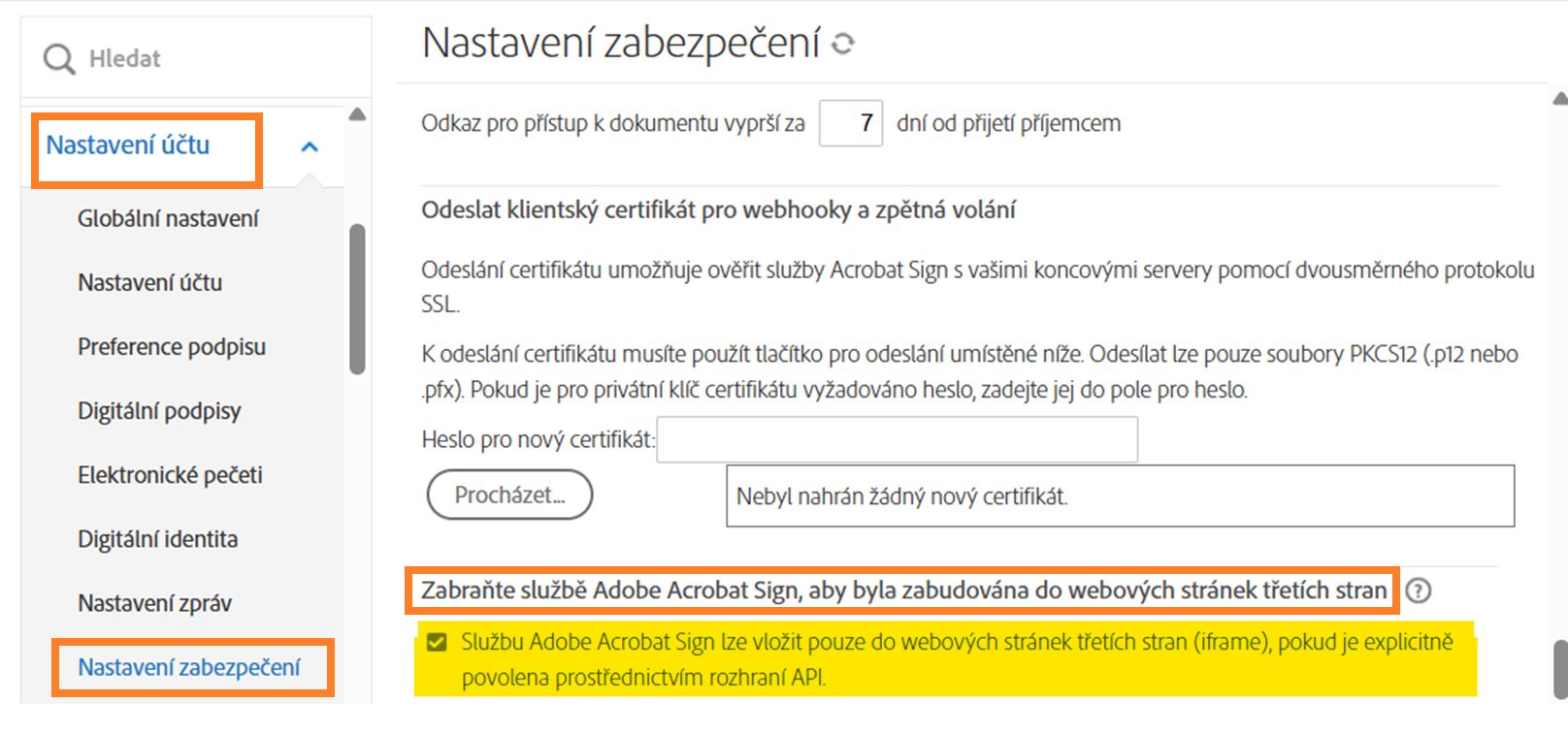 Stránka Nastavení zabezpečení pro správce se zvýrazněnými ovládacími prvky „Zabránit vkládání aplikace Adobe Acrobat Sign do webových stránek třetích stran“.