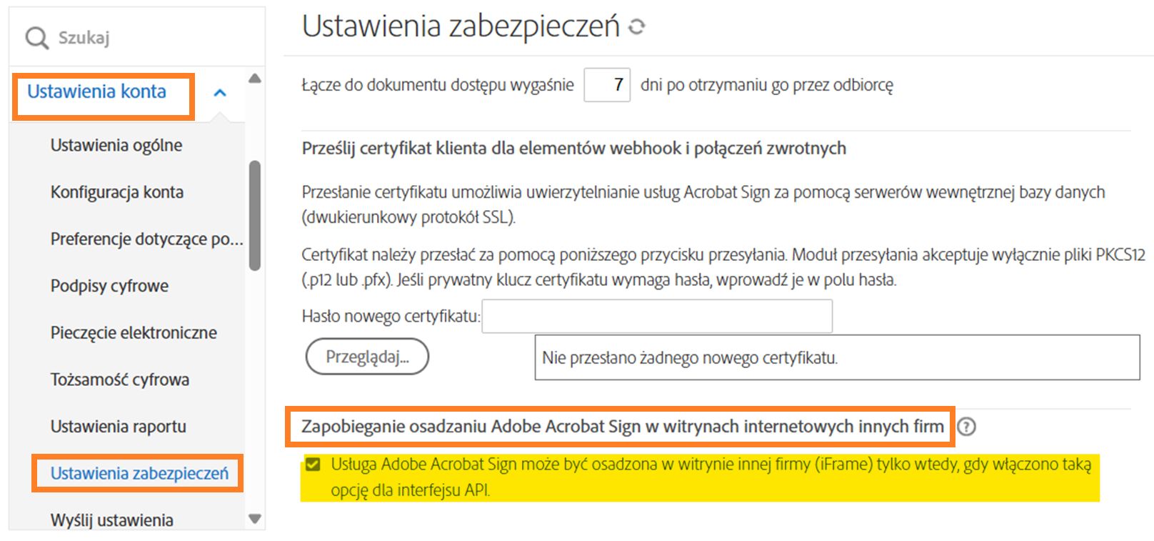 Strona Ustawienia zabezpieczeń administratora z wyróżnionymi elementami sterującymi funkcji „Zapobieganie osadzaniu Adobe Acrobat Sign w witrynach internetowych innych firm”.