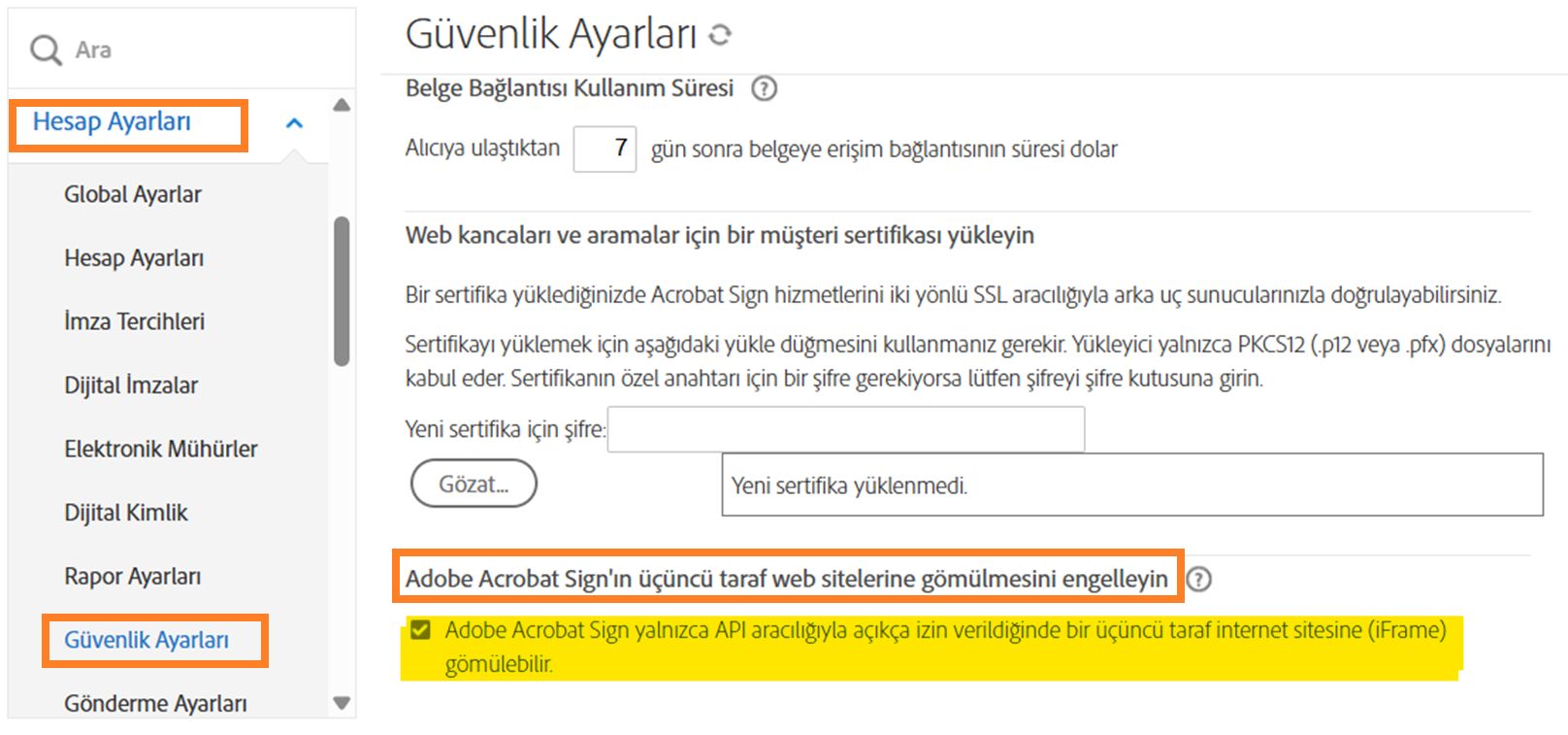 &quot;Adobe Acrobat Sign'ın üçüncü taraf web sitelerine gömülmesini engelle&quot; kontrollerini vurgulayan Güvenlik Ayarları Yönetici sayfası.