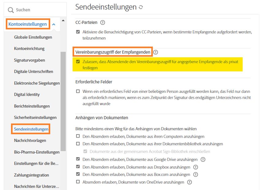 Das Admin-Menü „Sendeeinstellungen“, in dem die Optionen für den Vereinbarungszugriff für Empfangende hervorgehoben sind