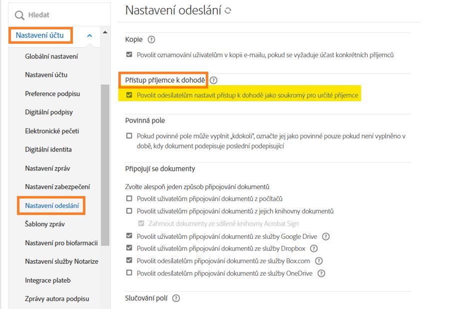 Nabídka správce „Nastavení odesílání“ zvýrazňující ovládací prvky Přístupu příjemce k dohodě