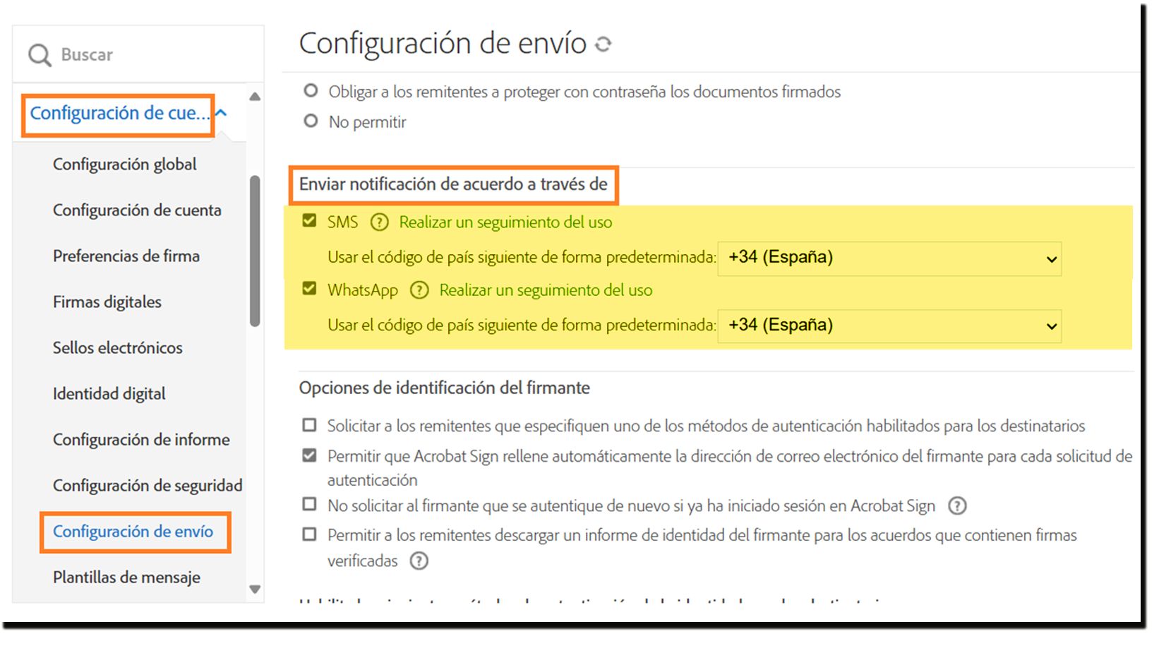 Menú de administración Configuración de envío resaltando los controles &quot;Enviar notificación del acuerdo a través de&quot;