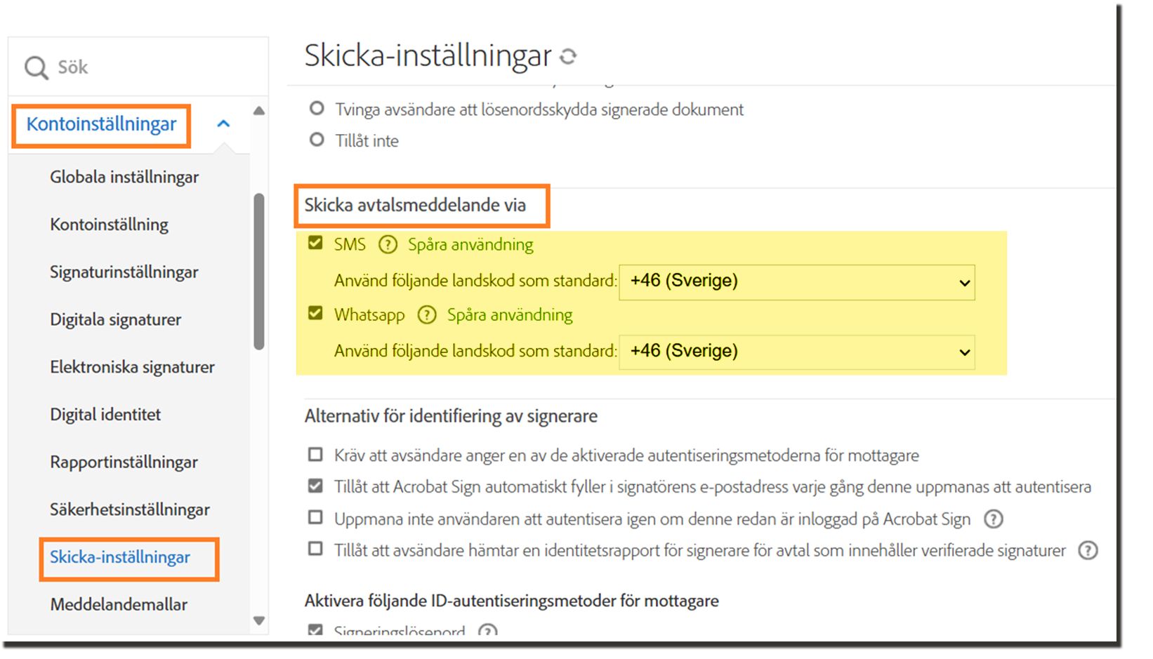 Administrationsmenyn Sändningsinställningar som markerar kontrollerna Skicka avtalsmeddelanden via