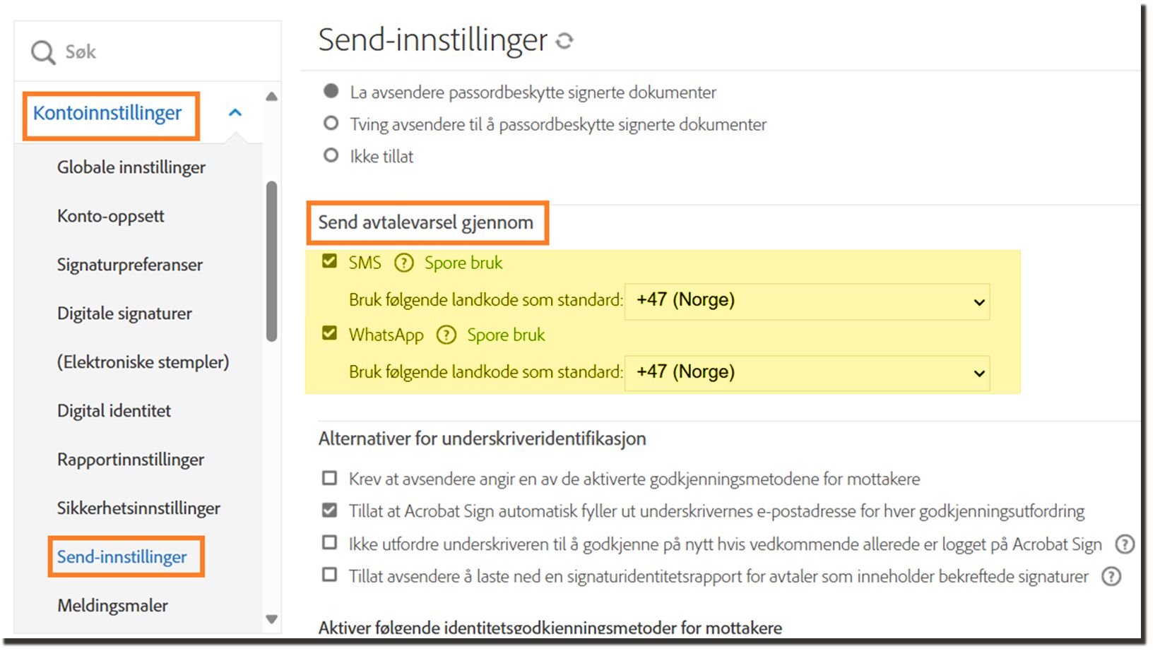 Administratormenyen for Sendingsinnstillinger uthever kontrollene for «Send avtalevarsler gjennom».