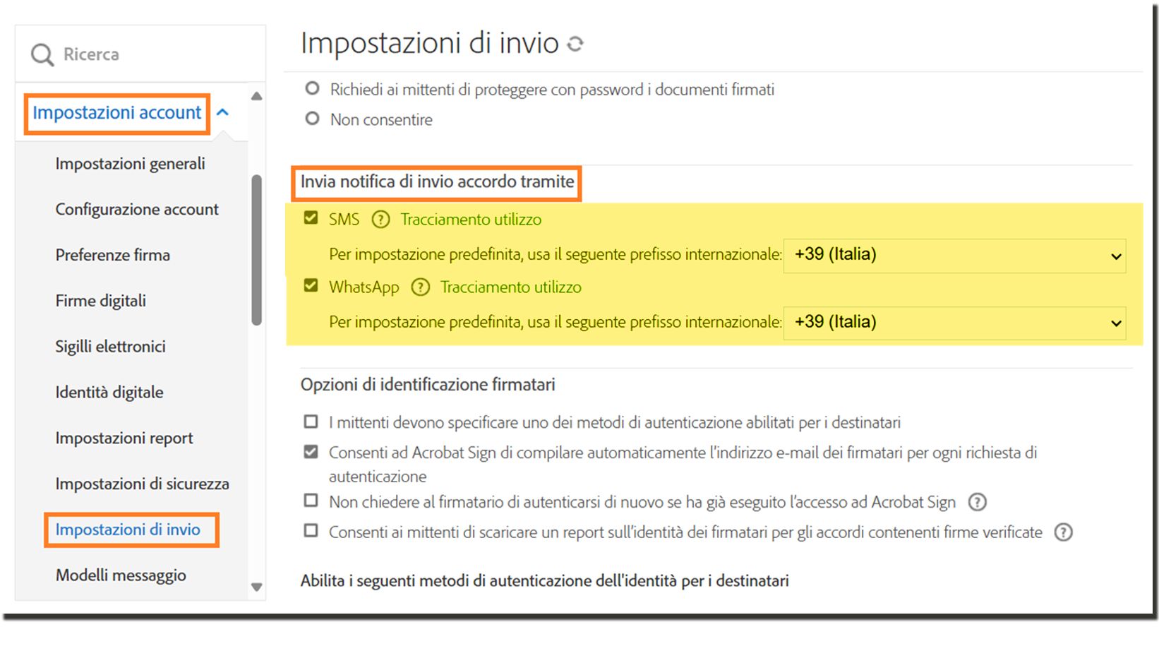 Impostazioni di invio nel menu di amministrazione che evidenzia i controlli “Invia notifiche dell’accordo tramite”.