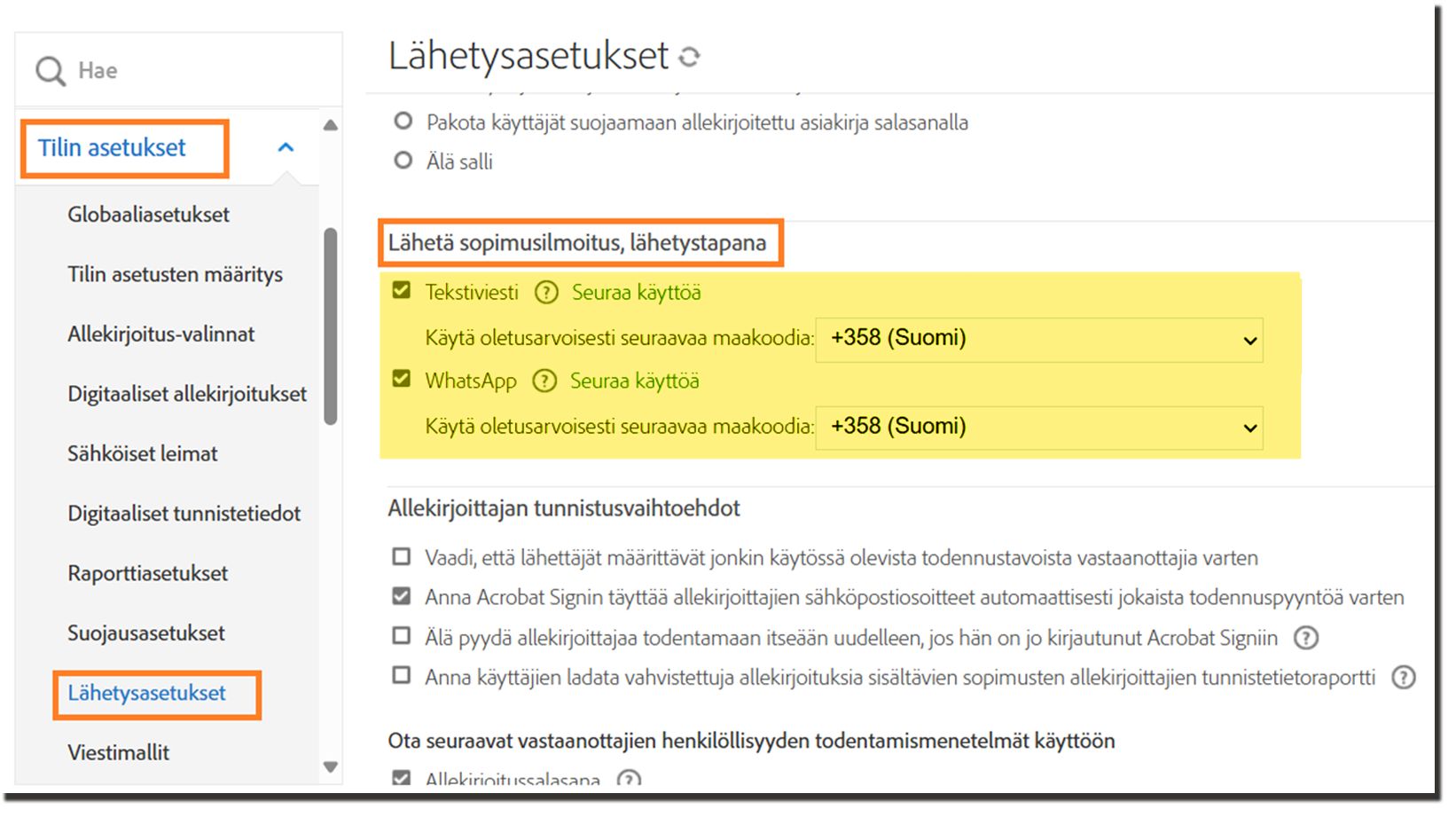 Lähetysasetukset-hallintavalikossa on korostettuna ”Sopimusilmoitusten lähetys” -säätimet
