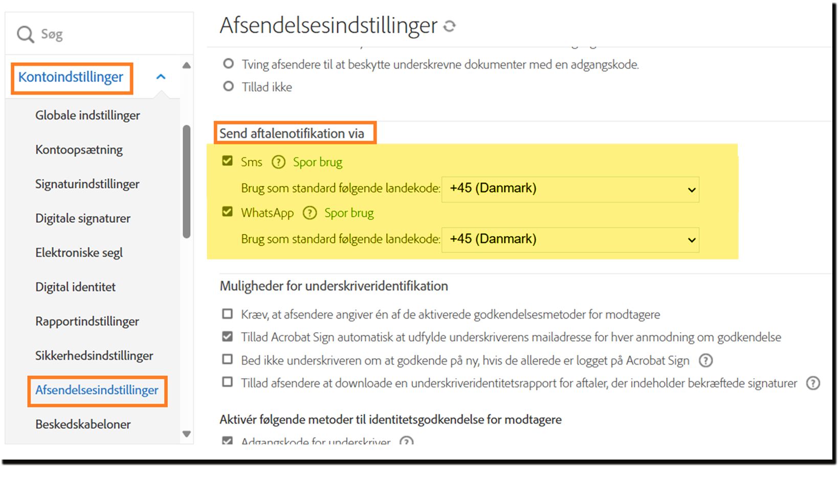 Administratormenuen Afsendelsesindstillinger, der fremhæver kontrolelementerne &quot;Send aftalenotifikationer&quot;.