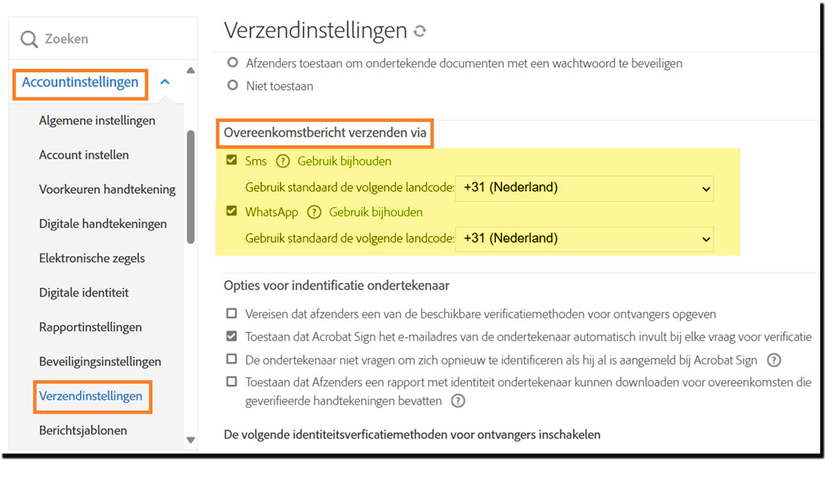Het beheermenu Verzendinstellingen met de besturingselementen voor Overeenkomsmeldingen verzenden via gemarkeerd