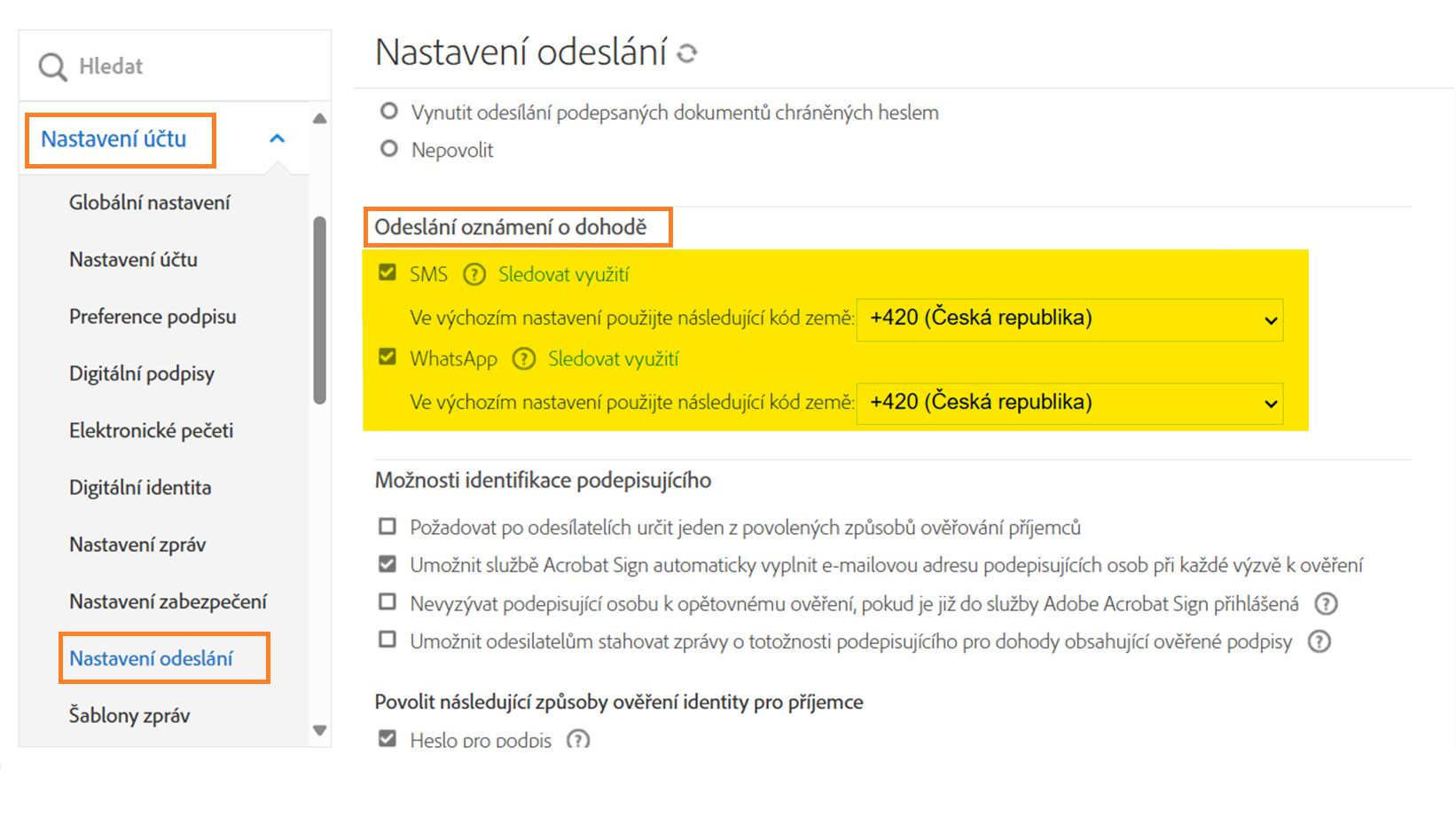 Nabídka správce Nastavení odesílání se zvýrazněním ovládacích prvků „Odeslat oznámení o dohodě prostřednictvím“