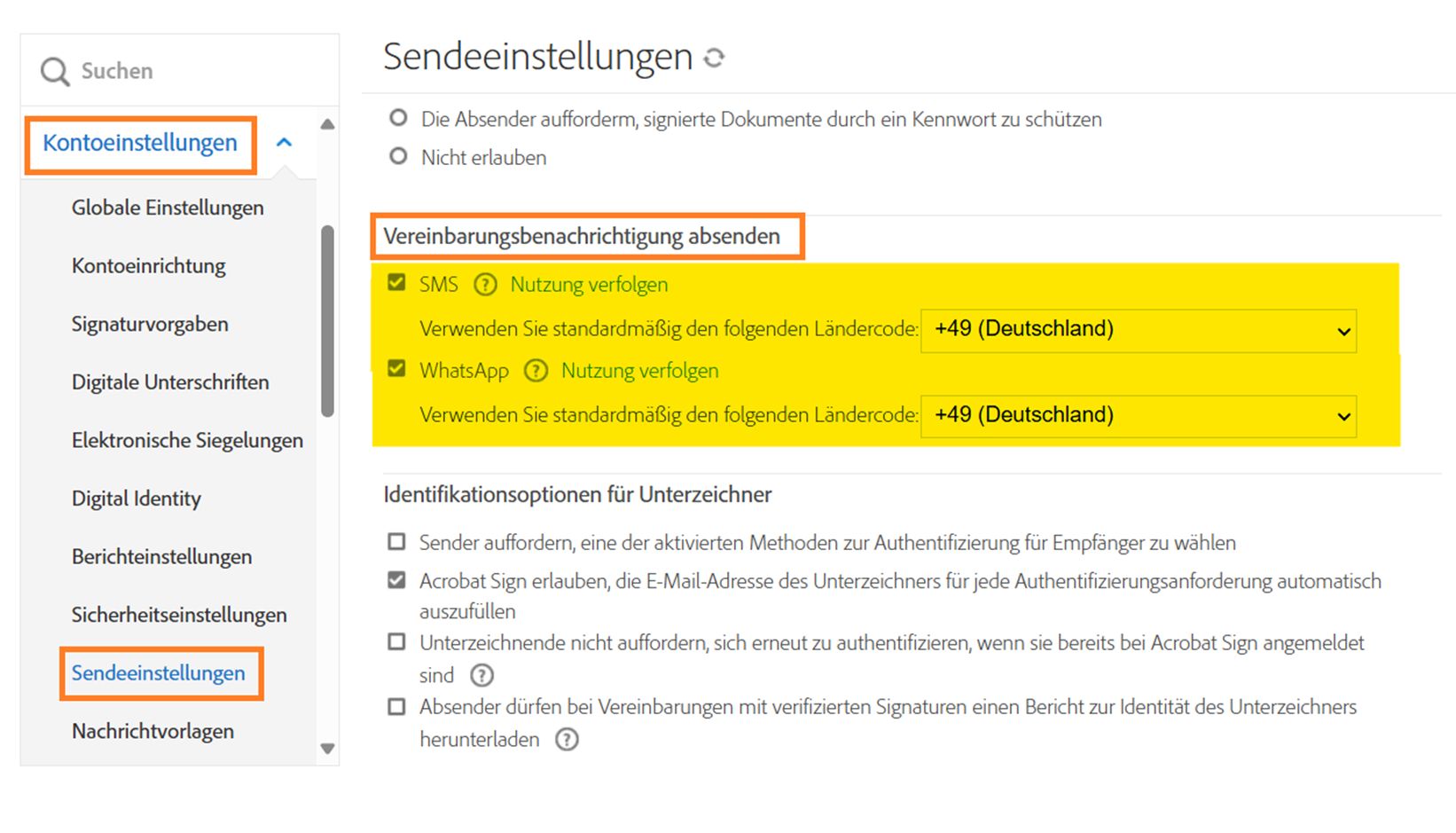 Admin-Menü „Sendeeinstellungen“ mit hervorgehobenen Steuerelementen der Option „Vereinbarungsbenachrichtigung absenden“