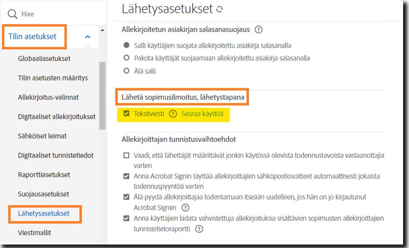 Lähetysasetukset-hallintavalikossa on korostettuna ”Sopimusilmoitusten lähetys” -säätimet