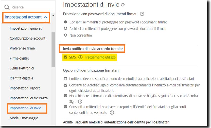 Impostazioni di invio nel menu di amministrazione che evidenzia i controlli “Invia notifiche dell’accordo tramite”.