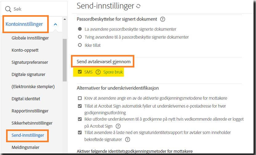 Administratormenyen for Sendingsinnstillinger uthever kontrollene for «Send avtalevarsler gjennom».