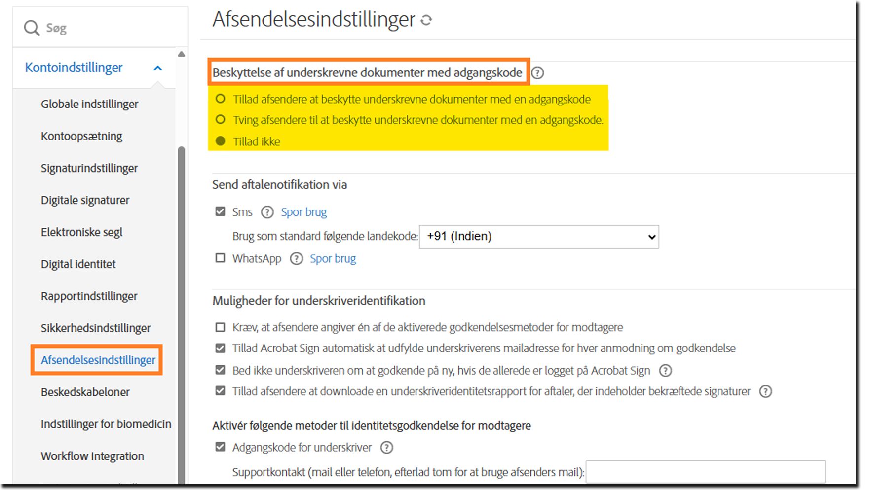 Menuen Afsendelsesindstillinger i administratorindstillingerne, der fremhæver kontrolelementerne til beskyttelse af underskrevne dokumenter med adgangskode.