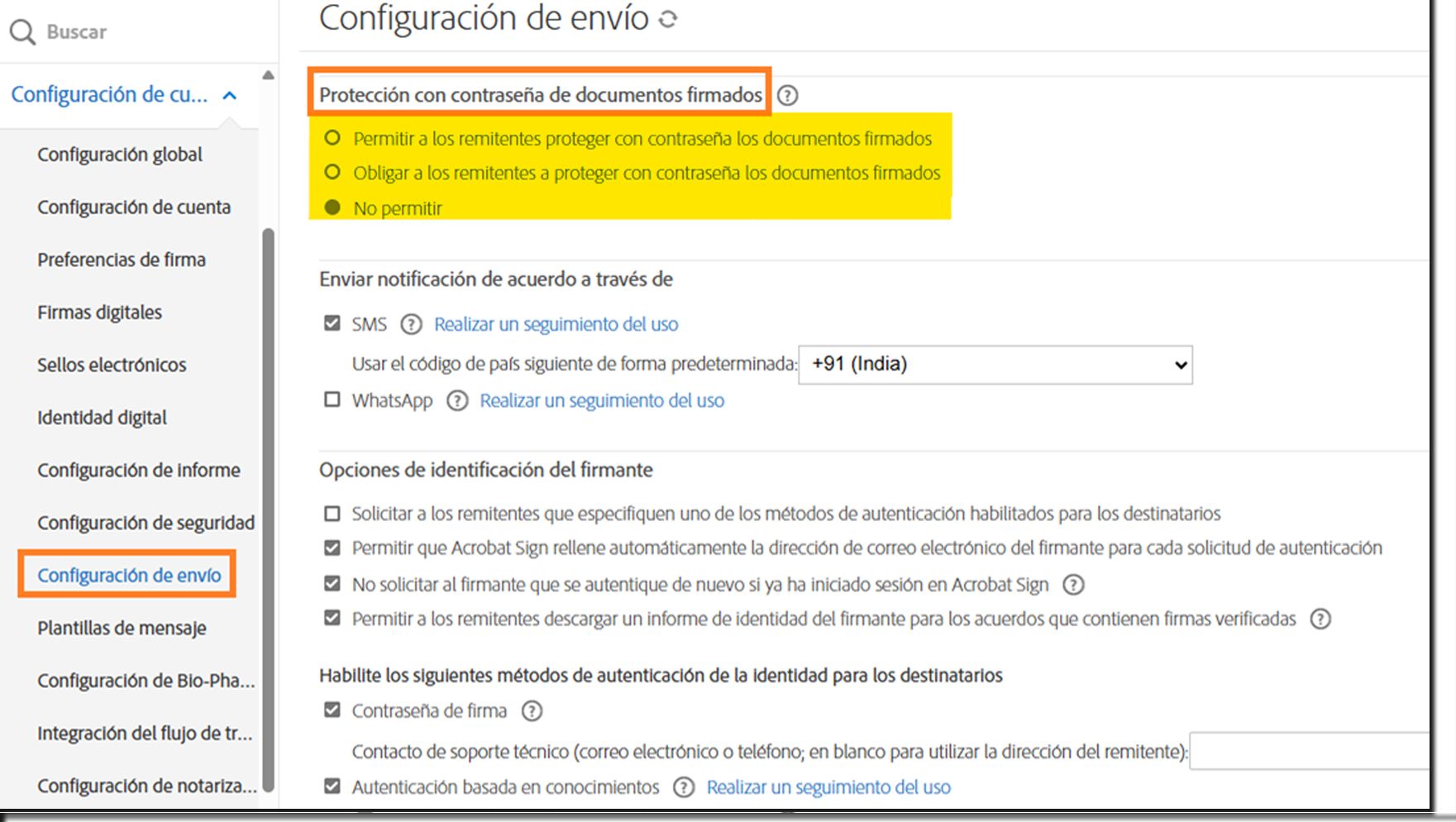 El menú Configuración de envío en Controles de administración con los controles de protección con contraseña de documentos firmados resaltados.