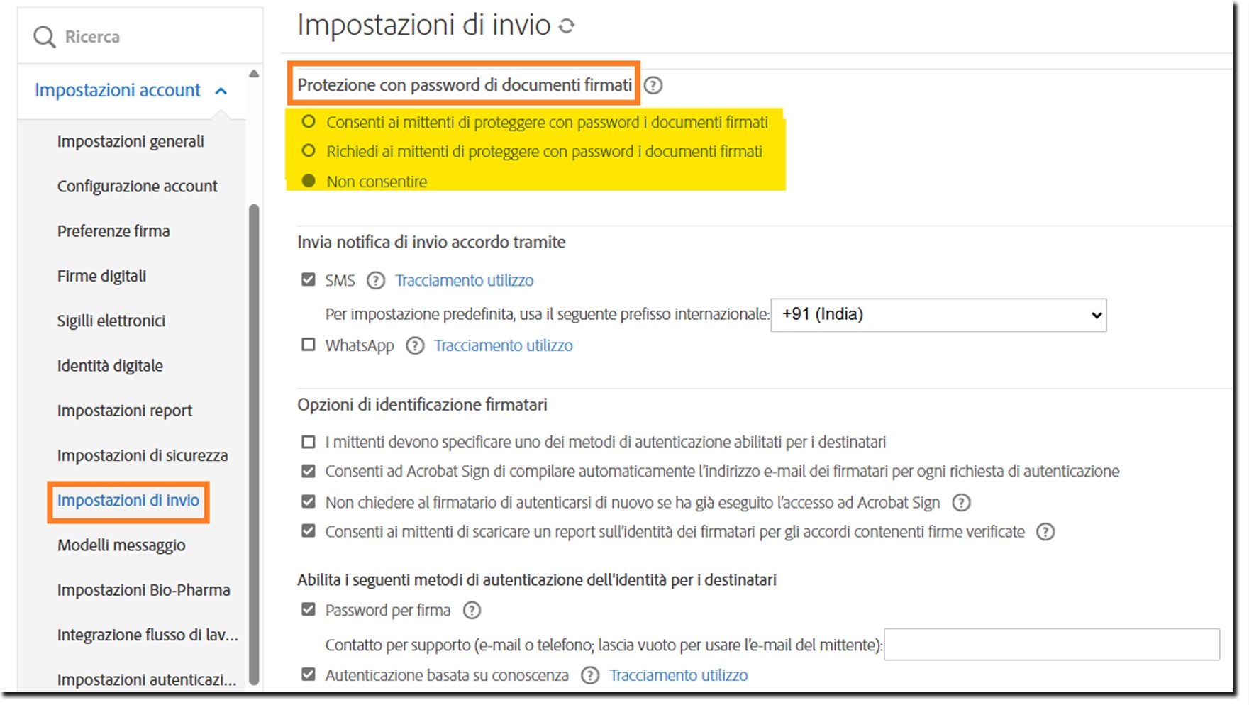 Menu Impostazioni di invio nei Controlli amministrazione in cui sono evidenziati i controlli di Protezione con password per documenti firmati.