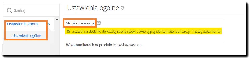 Menu administratora „Ustawienia globalne” z podświetlonymi elementami sterującymi „Stopka transakcji”.