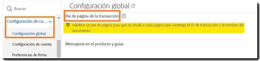 Menú de administración “Configuración global” resaltando los controles de “Pie de página de la transacción”.