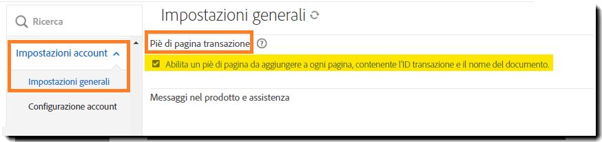 Menu di amministrazione “Impostazioni globali” che evidenzia i controlli “Piè di pagina transazione”.