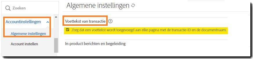 Het beheerdersmenu Algemene instellingen met de besturingselementen Transactievoettekst gemarkeerd.
