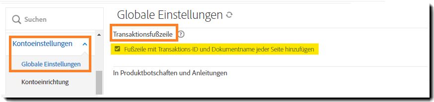 Admin-Menü „Globale Einstellungen“ mit hervorgehobenen Steuerelementen für die Transaktionsfußzeile.