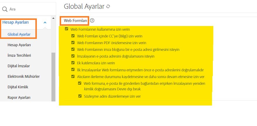 Web Formu kontrolleri vurgulanmış olarak Global Ayarlar yönetici menüsü