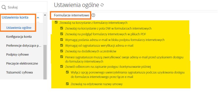 Menu administratora Ustawienia globalne z podświetlonymi elementami sterującymi Formularz internetowy