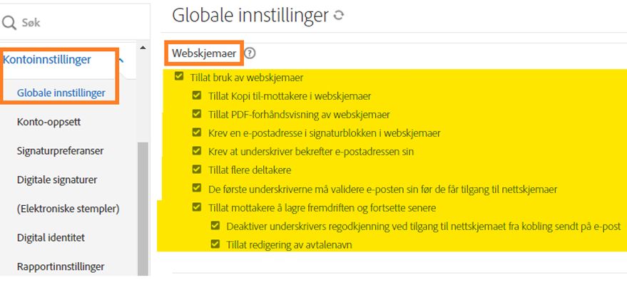 Administratormenyen Globale innstillinger med Nettskjema-kontrollene uthevet