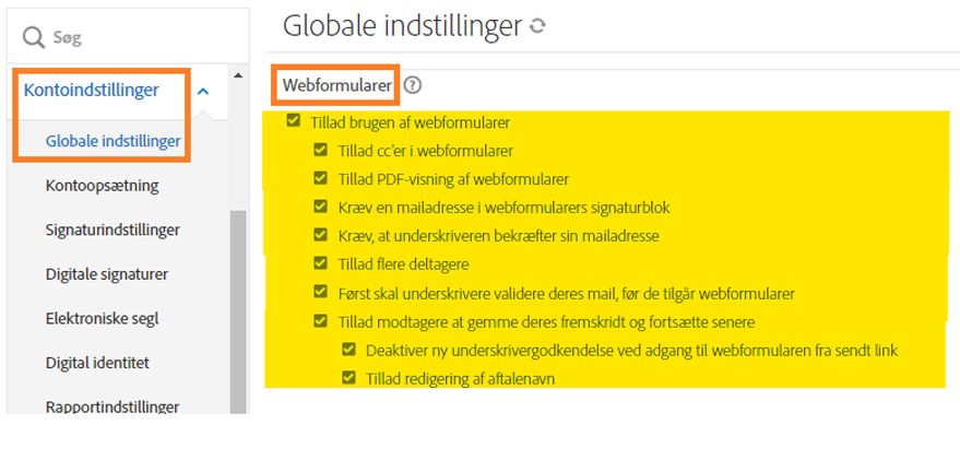 Administratormenuen Globale indstillinger med kontrolelementerne til Webformularer fremhævet