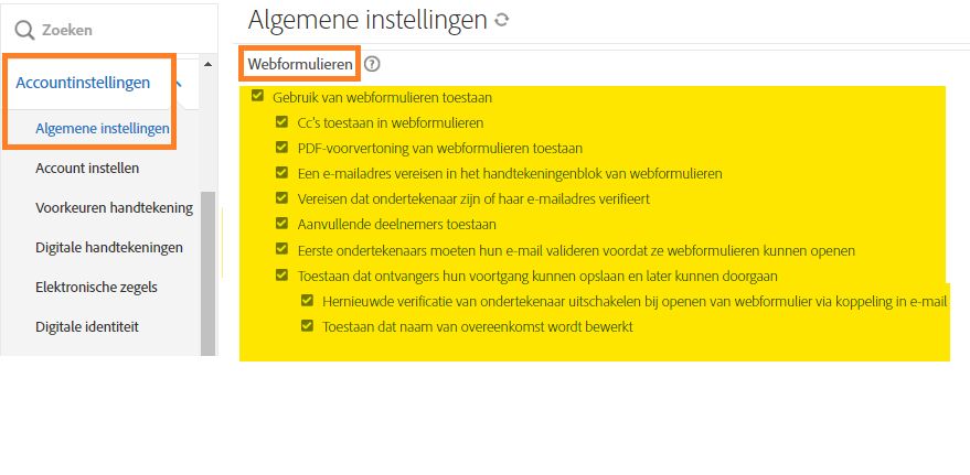 Het beheerdersmenu Algemene instellingen met de besturingselementen voor webformulieren gemarkeerd